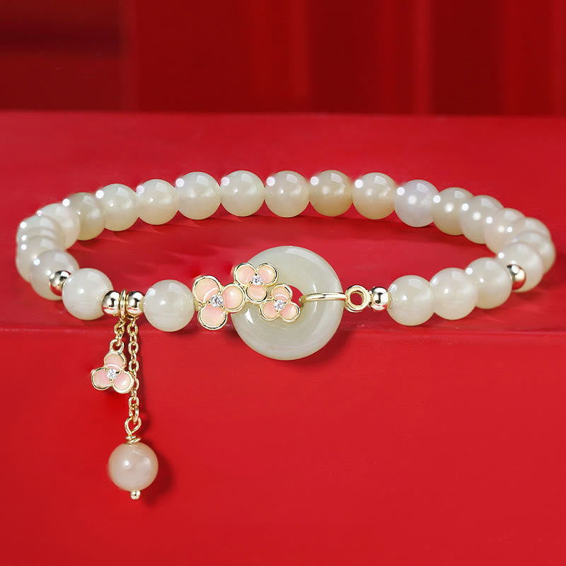 Buddhist Blessing 925 Sterling Silver Natural Hetian Jade Peach Blossom Peace Buckle Zircon Luck Bracelet Necklace Pendant