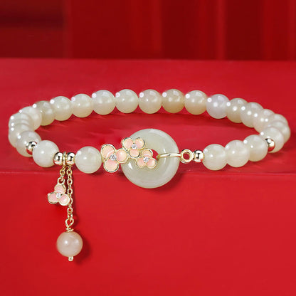Buddhist Blessing 925 Sterling Silver Natural Hetian Jade Peach Blossom Peace Buckle Zircon Luck Bracelet Necklace Pendant