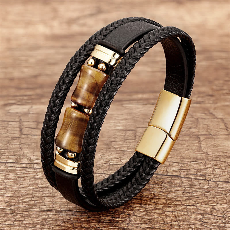 Buddhist Blessing Tiger Eye Bamboo Stone Integrity Courage Multi-layer Leather Bracelet