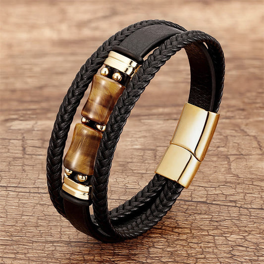 Buddhist Blessing Tiger Eye Bamboo Stone Integrity Courage Multi-layer Leather Bracelet