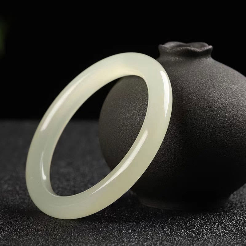 Buddhist Blessing Natural White Green Jade Luck Prosperity Bracelet Bangle