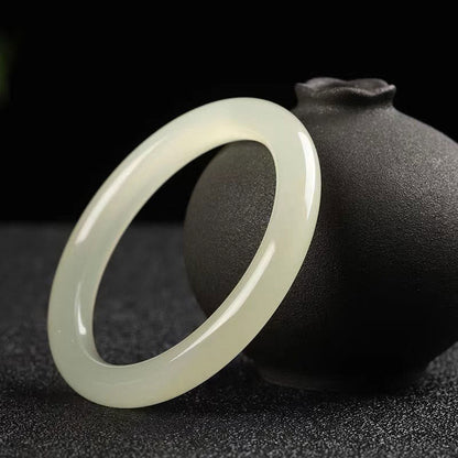 Buddhist Blessing Natural White Green Jade Luck Prosperity Bracelet Bangle