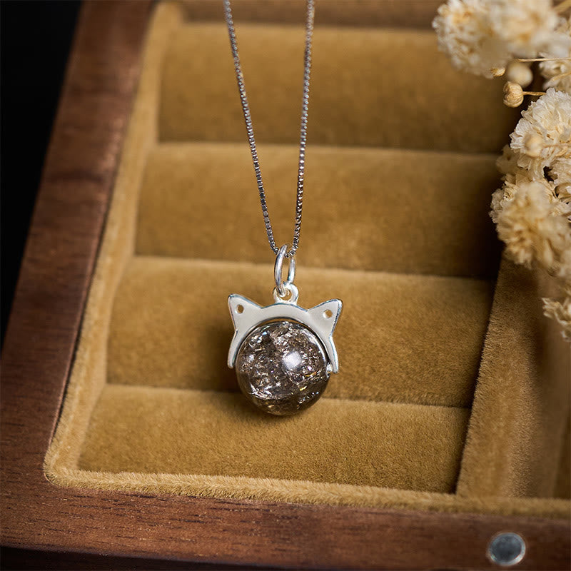 Buddhist Blessing 925 Sterling Silver Natural Black Super Seven Crystal Cat Necklace Pendant