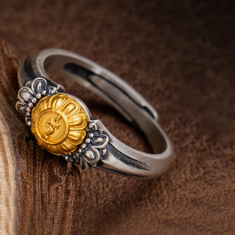 Buddhist Blessing 925 Sterling Silver Plated Gold Bodhisattva Tara Protection Adjustable Ring