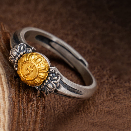 Buddhist Blessing 925 Sterling Silver Plated Gold Bodhisattva Tara Protection Adjustable Ring