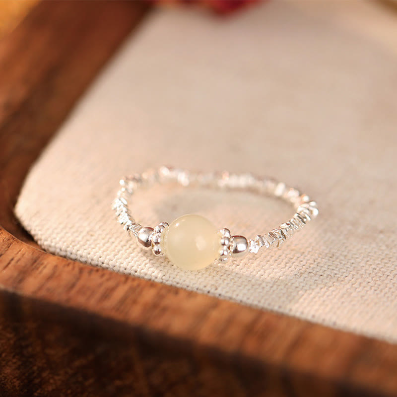 Buddhist Blessing 925 Sterling Silver Natural Small Hetian Jade Bead Luck Elastic Ring