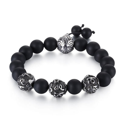 Buddhist Blessing Natural Tiger Eye Lava Rock Black Obsidian Titanium Steel Six-True-Words Om Mani Padme Hum Protection Bracelet