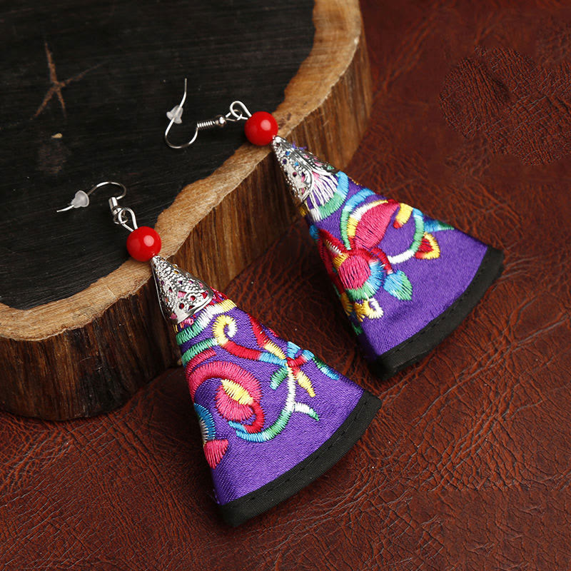 Buddhist Blessing Handmade Fan-shaped Yi Embroidery Harmony Earrings
