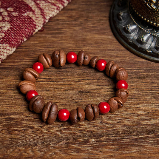 Buddhist Blessing Natural Coffee Beans Cinnabar Beads Bracelet