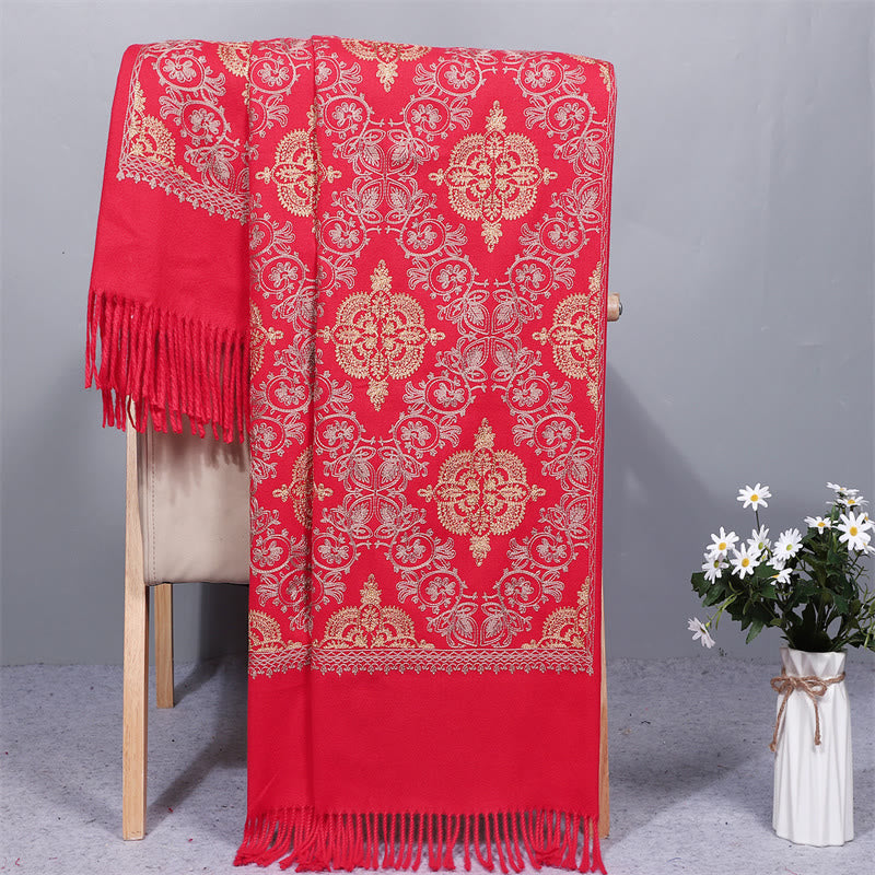 Buddhist Blessing Polyester Shawl Symmetry Gold Filigree Embroidery Tassel Winter Cozy Travel Scarf Wrap