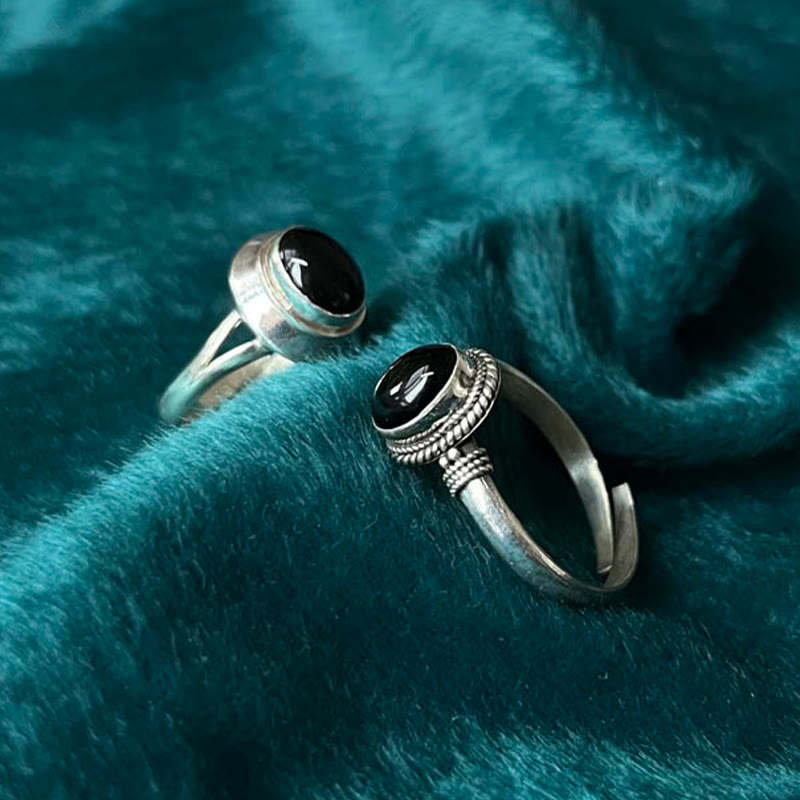 Buddhist Blessing 925 Sterling Silver Handmade Black Onyx Fortune Adjustable Ring