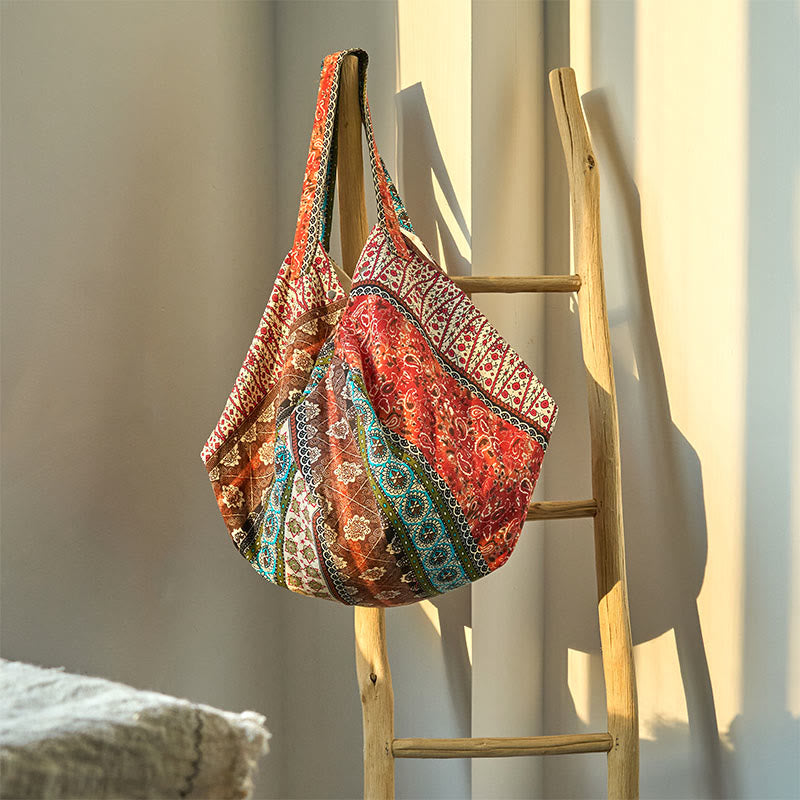 Buddhist Blessing Colored Stripes Pattern Cotton Shoulder Bag