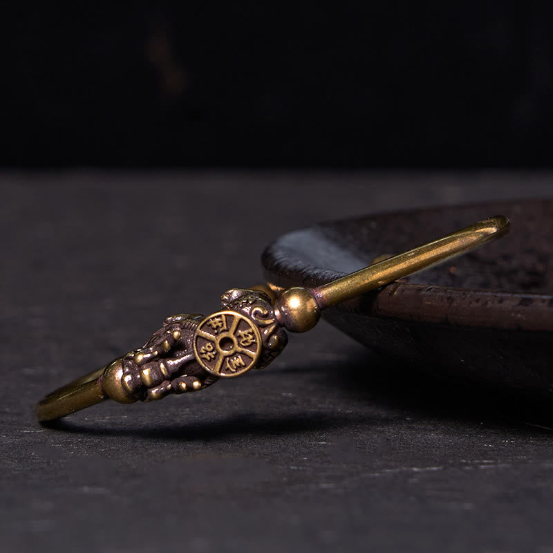 Buddhist Blessing Pi Xiu Carrying Compass Fu Character Copper Brass Luck Wealth Bracelet Bangle