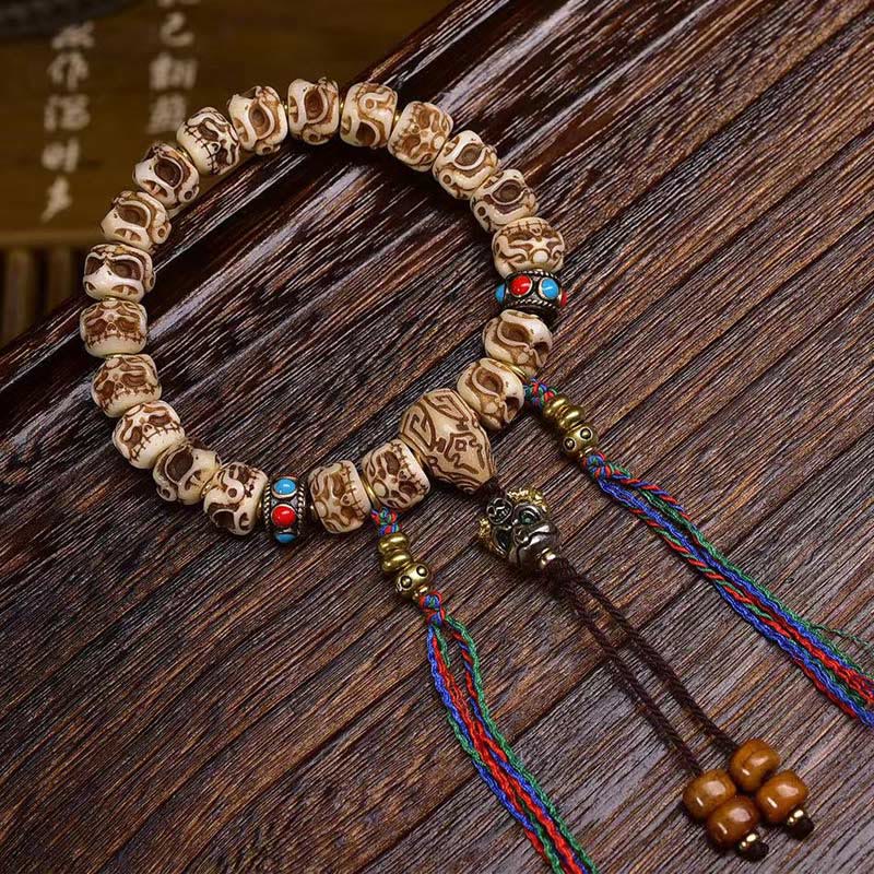 Buddhist Blessing Tibetan Camel Bone Garuda Carved Protection Tassel Bracelet