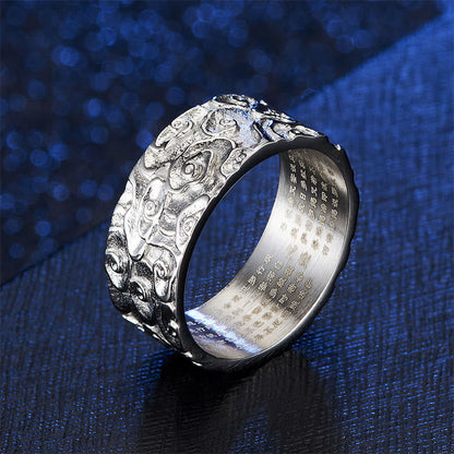 Buddhist Blessing Auspicious Clouds Engraved Heart Sutra Pattern Titanium Steel Calm Ring