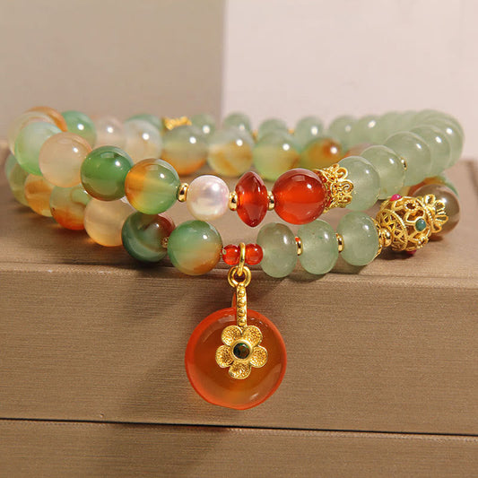 Buddhist Blessing Natural Colorful Peacock Agate Flower Peace Buckle Pearl Double Layer Support Bracelet