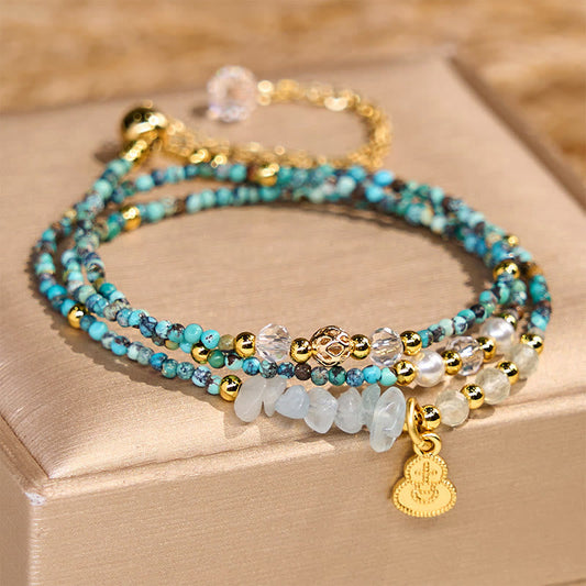Buddhist Blessing Turquoise Beaded Strength Triple Wrap Bracelet