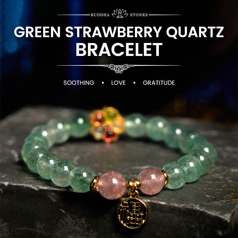 Buddhist Blessing Natural Green Strawberry Quartz Soothing Fu Character Bracelet
