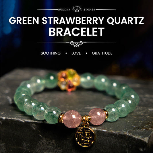 Buddhist Blessing Natural Green Strawberry Quartz Soothing Fu Character Bracelet
