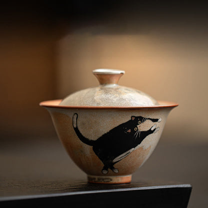 Buddhist Blessing Cute Cat Ceramic Gaiwan Teacup Kung Fu Tea Cup With Lid 130ml