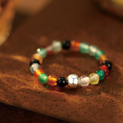 Buddhist Blessing 925 Sterling Silver Crystal Beads White Jade Black Onyx Blessing Elastic Ring