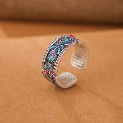 Buddhist Blessing 999 Sterling Silver Enamel Feather Design Adjustable Calm Ring
