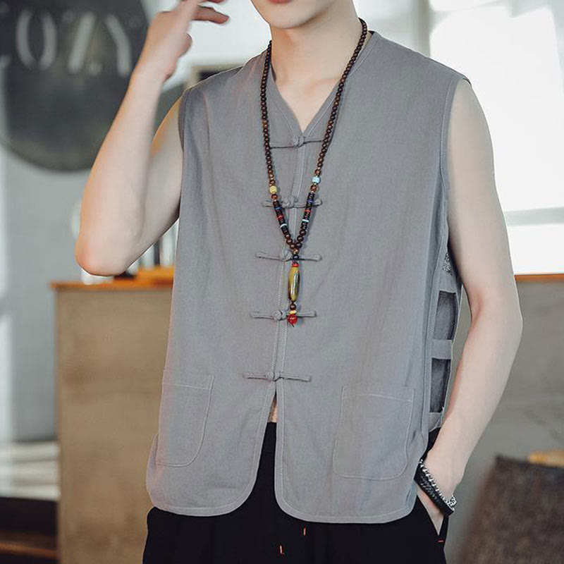 Buddhist Blessing Casual Chinese Frog-Button Men's Cotton Vest Waistcoat With Pockets