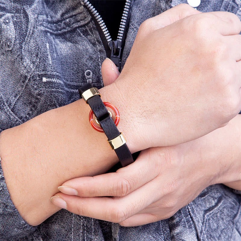 Buddhist Blessing Round Green Aventurine Black Onyx Hematite Agate Rose Quartz Stone Balance Leather Magnetic Buckle Bracelet