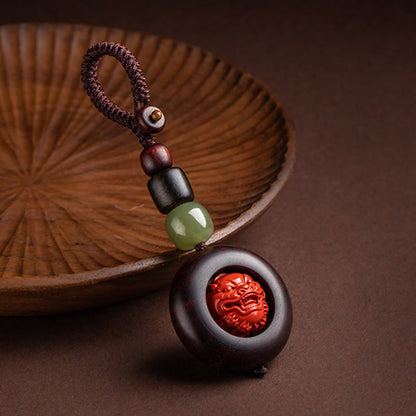 Buddhist Blessing Tibet Om Mani Padme Hum PiXiu Copper Coin Small Leaf Red Sandalwood Cinnabar Protection Key Chain
