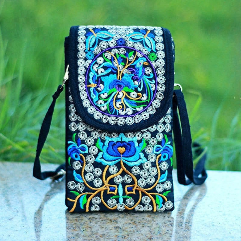 Buddhist Blessing Inula Flower Rose Embroidery Canvas Backpack Crossbody Bag