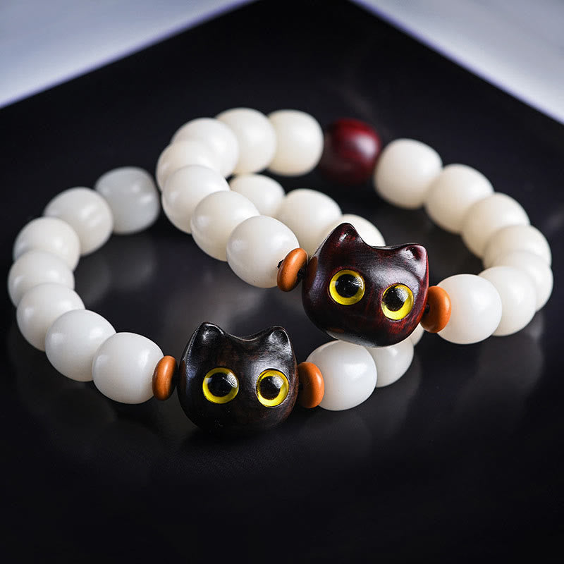 Buddhist Blessing Natural Bodhi Seed Small Leaf Red Sandalwood Ebony Wood Cute Lucky Cat Wisdom Bracelet