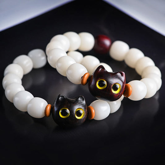 Buddhist Blessing Natural Bodhi Seed Small Leaf Red Sandalwood Ebony Wood Cute Lucky Cat Wisdom Bracelet