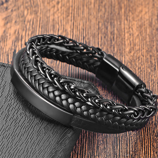 Buddhist Blessing Multi-layered Titanium Steel Calm Leather Buckle Bracelet