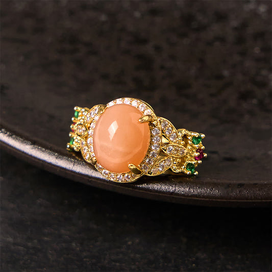 Buddhist Blessing Vintage Prong Setting Four Leaf Flower Design Peach Moonstone Adjustable Soothing Ring