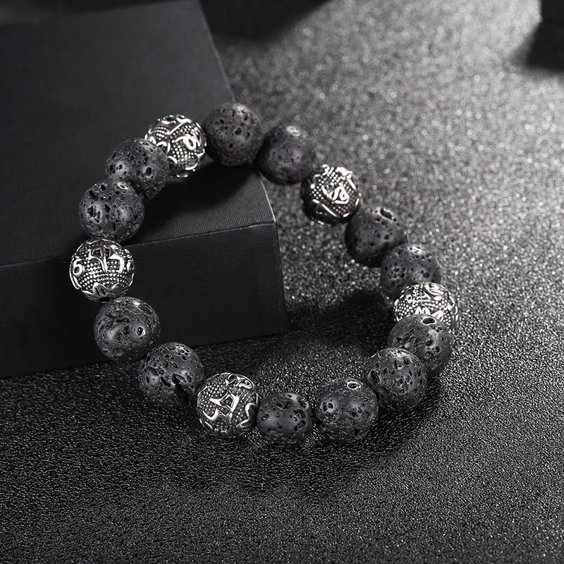 Buddhist Blessing Natural Lava Rock Tiger Eye Titanium Steel Six-True-Words Om Mani Padme Hum Healing Bracelet