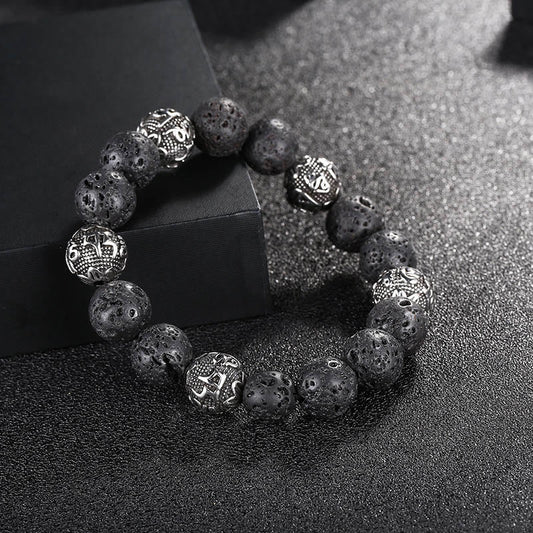 Buddhist Blessing Natural Lava Rock Tiger Eye Titanium Steel Six-True-Words Om Mani Padme Hum Healing Bracelet