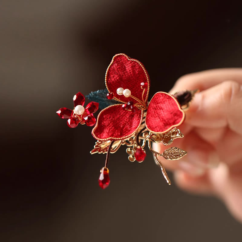 Buddhist Blessing Classical Chinese Style Red Flower Butterfly Tassel Hair Comb Hairpin