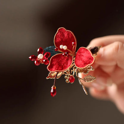 Buddhist Blessing Classical Chinese Style Red Flower Butterfly Tassel Hair Comb Hairpin