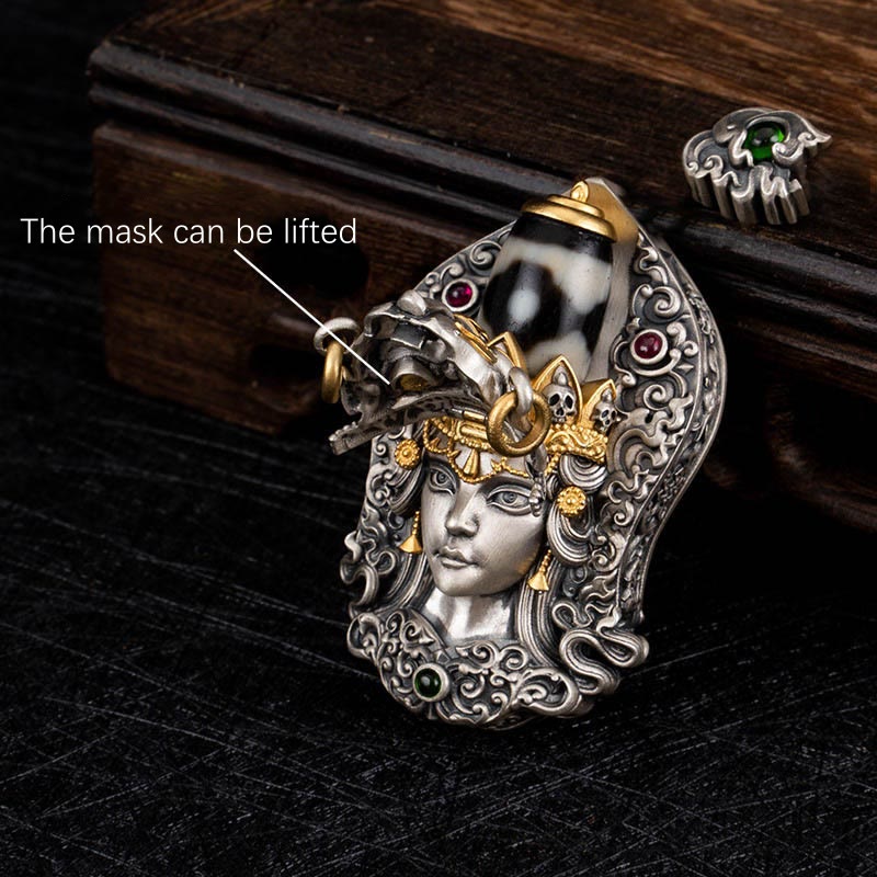 Buddhist Blessing 925 Sterling Silver Tibetan Zakiram Goddess of Wealth Dzi Bead Protection Necklace Pendant