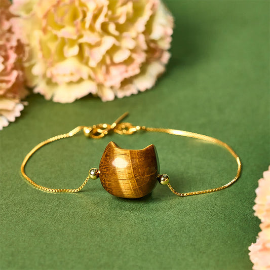 Buddhist Blessing 925 Sterling Silver Cat Tiger Eye Protection Bracelet