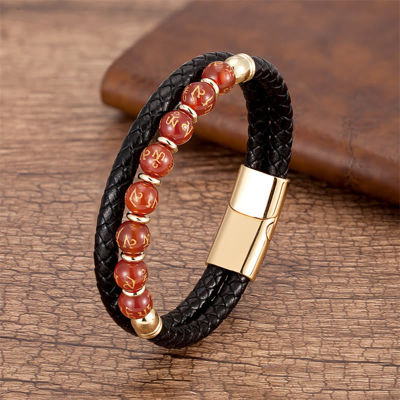 Buddhist Blessing Black Onyx Turquoise Tiger Eye Red Agate Om Mani Padme Hum Strength Leather Bracelet