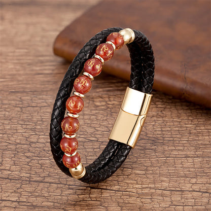 Buddhist Blessing Black Onyx Turquoise Tiger Eye Red Agate Om Mani Padme Hum Strength Leather Bracelet