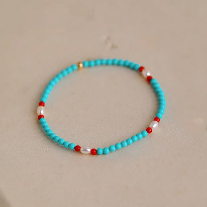 Buddhist Blessing Turquoise Red Agate Pearl Small Beaded Protection Bracelet