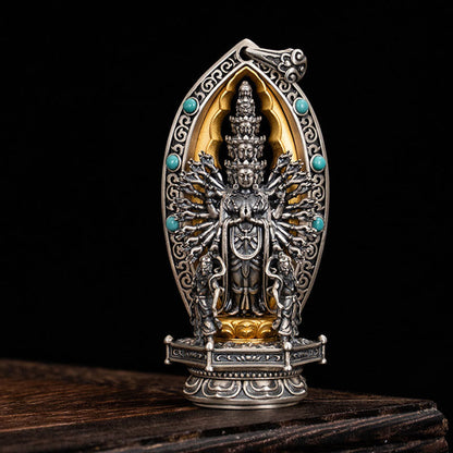 Buddhist Blessing 925 Sterling Silver Thousand-armed Guanyin Kwan Yin Avalokiteśvara Wealth Necklace Pendant