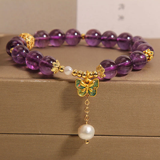 Buddhist Blessing Natural Amethyst Amber Green Butterfly Healing Bracelet