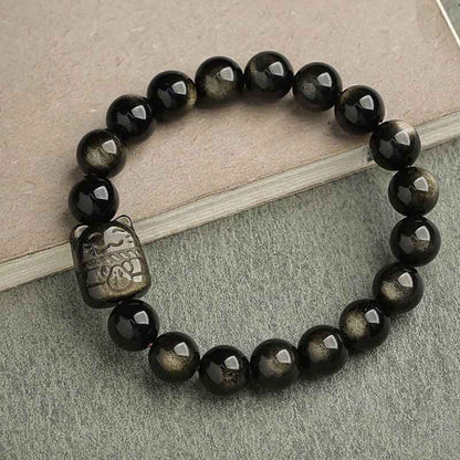 Buddhist Blessing Gold Sheen Obsidian Silver Sheen Obsidian Lovely Paw Lucky Cat Protection Bracelet