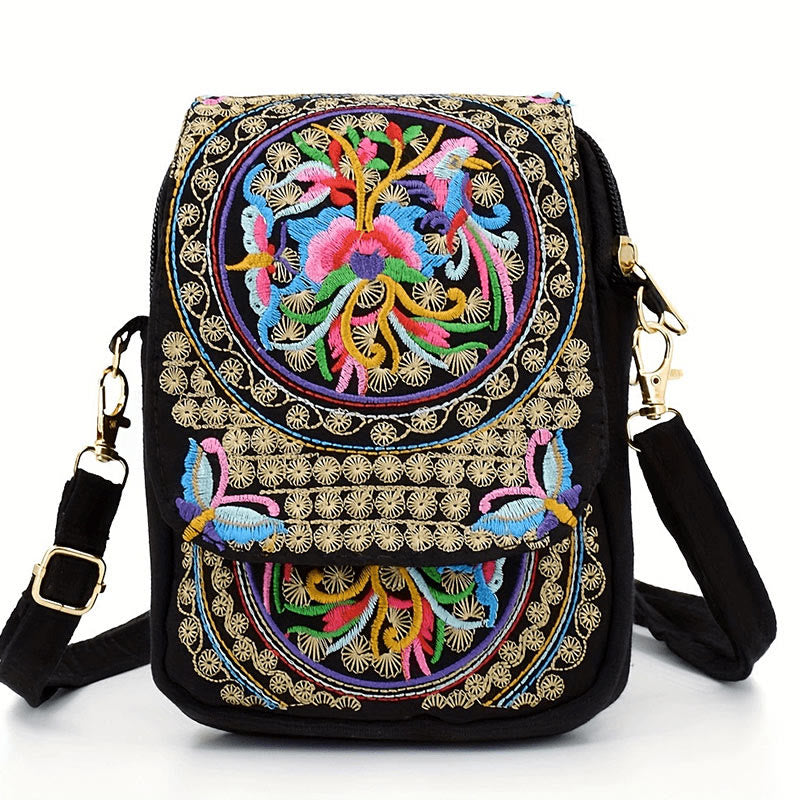 Buddhist Blessing Inula Flower Peony Embroidery Canvas Shopping Purse Handbag Crossbody Bag