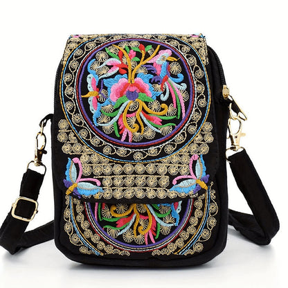 Buddhist Blessing Inula Flower Peony Embroidery Canvas Shopping Purse Handbag Crossbody Bag