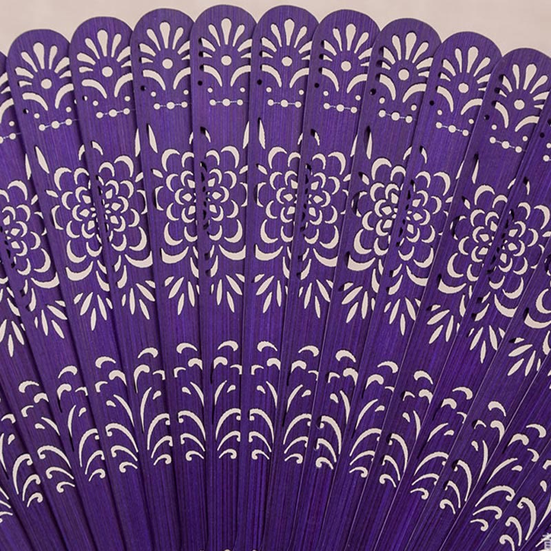 Buddhist Blessing Flower Engraved Hollow Handheld Bamboo Folding Fan 18cm