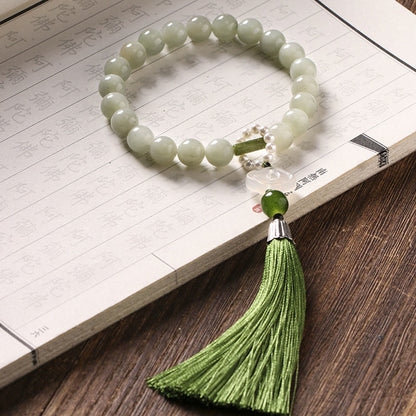 Buddhist Blessing Green Jade Beads Pearl Prosperity Tassels Wrist Mala